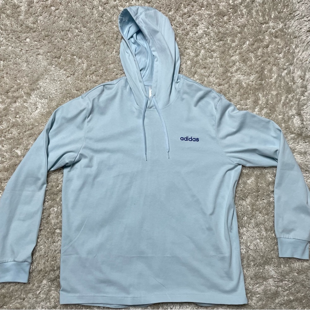 Blue, Adidas, and XL hoodie.